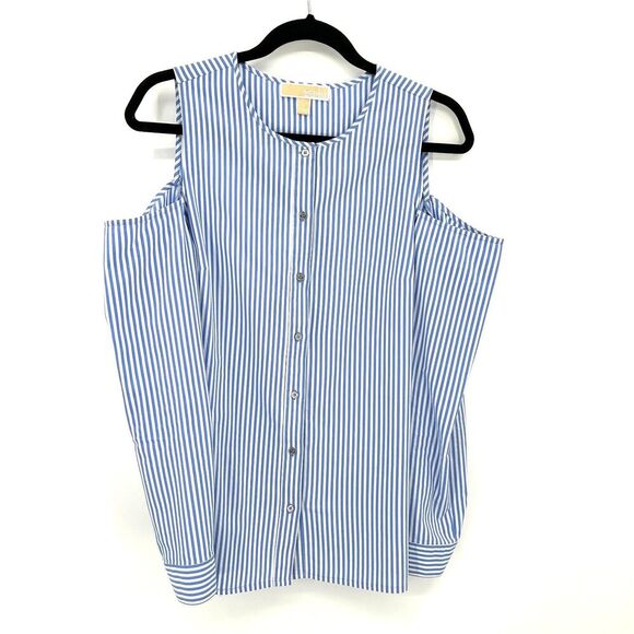MICHAEL KORS Blue White Striped Cold Shoulder Light Button Up Blouse Size Medium - Picture 1 of 6